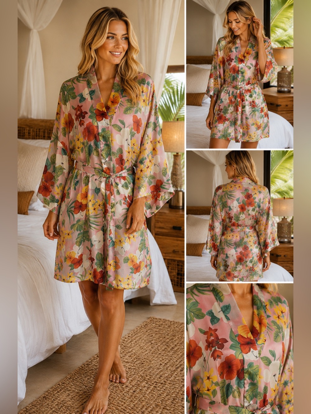 LA Intimates Pink Tropical Floral Semi Sheer Satin Kimono Robe L Resort Lounge